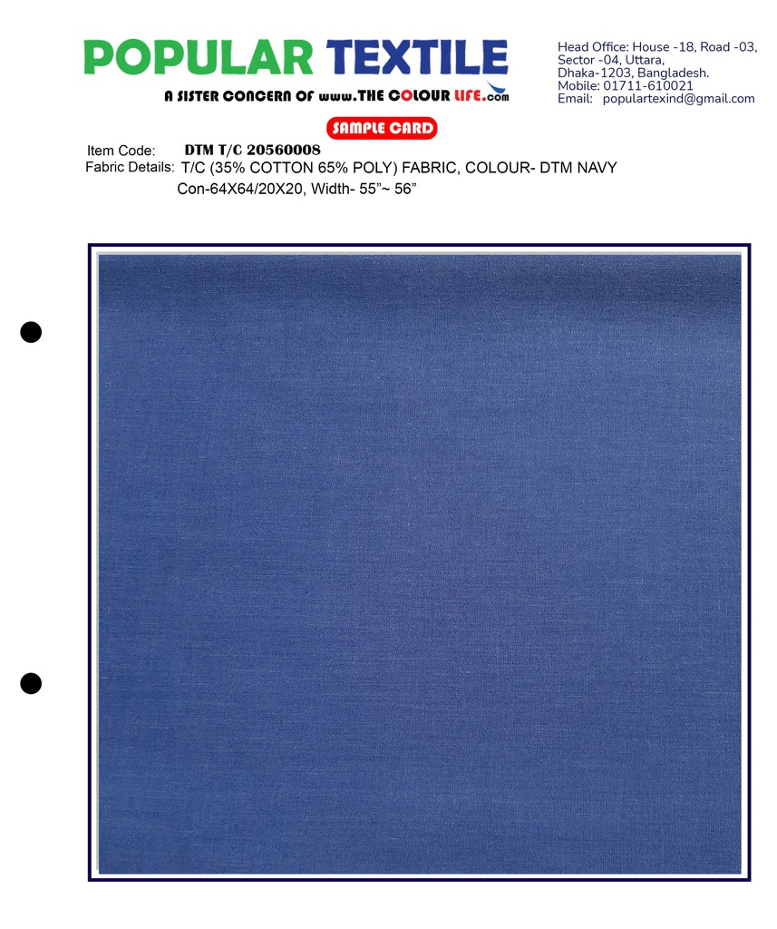 TC (35% Cotton 65% Poly) Fabric, Colour- DTM NAVY