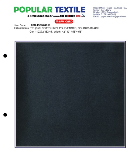 [(84X68) BLACK] TC (35% Cotton 65% Poly) Fabric, Colour- BLACK