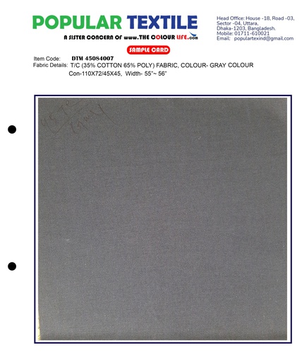 [(84X68) COLOUR GRAY] TC (35% Cotton 65% Poly) Fabric, Colour- GRAY COLOUR