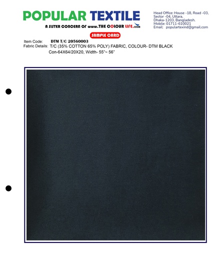 [(56X56) BLACK] TC (35% Cotton 65% Poly) Fabric, Colour- BLACK