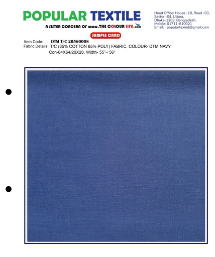 [(56X56) NAVY] TC (35% Cotton 65% Poly) Fabric, Colour- DTM NAVY
