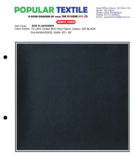 [(56X56) VAT BLACK] TC (35% Cotton 65% Poly) Fabric, Colour- VAT BLACK