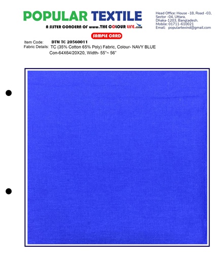 [(56X56) NAVY BLUE] TC (35% Cotton 65% Poly) Fabric, Colour- NAVY BLUE